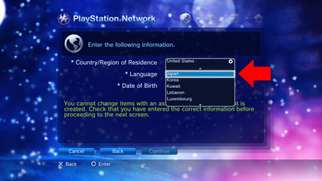 Here's the screen where you pick your region on the PS3.  If you go through the PC, just search for the store you wish and choose the signup option on that page.  Please remember to log out of your home PSN account if you have one saved to your web browser or it will just send you to your home account store instead of a signup page.